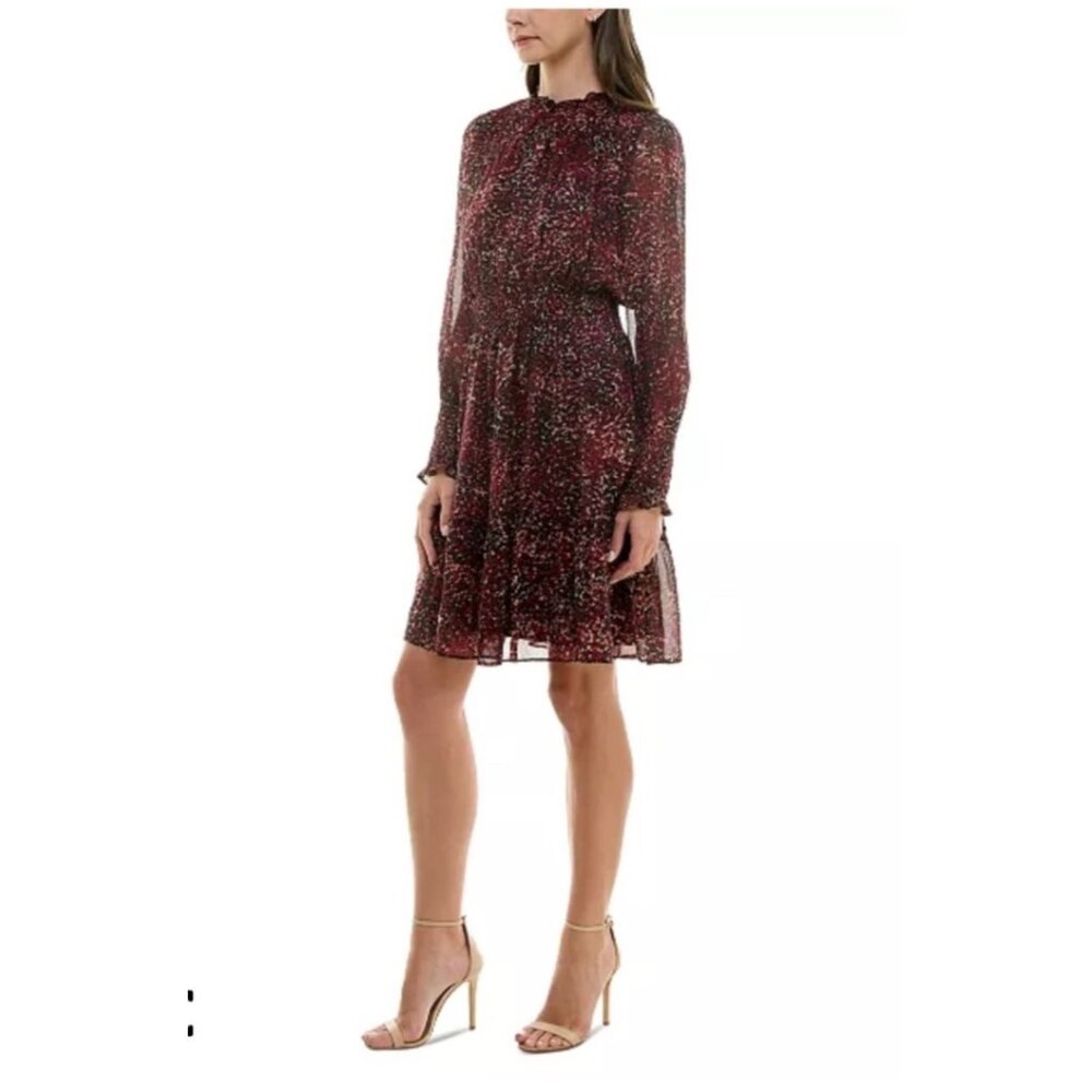 Taylor Womens maroon Floral Long-Sleeve Midi Dress 16 Smocked Accent (bin JJ221)
